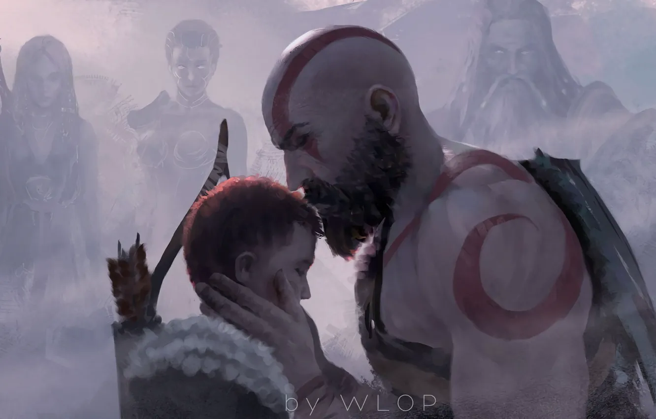Photo wallpaper fantasy, game, Kratos, God of War, man, tattoo, digital art, bow