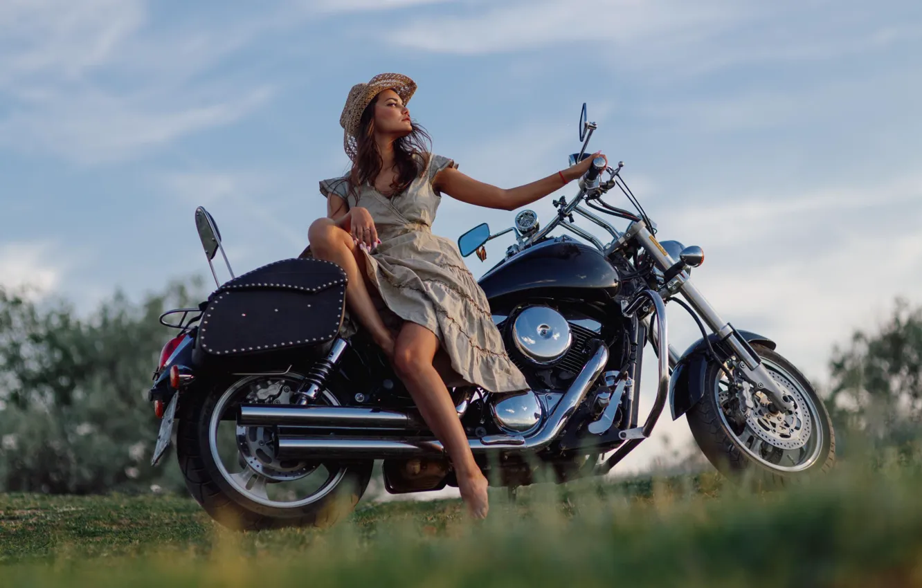 Photo wallpaper girl, pose, hat, dress, motorcycle, bike, Leonid Mochulsky