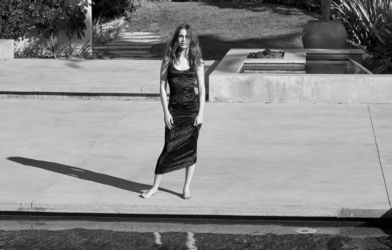 Photo wallpaper look, girl, pose, shadow, pool, figure, black and white, Lily Collins