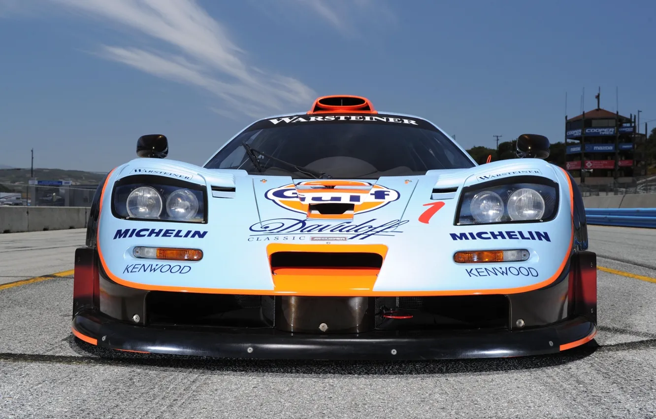 Photo wallpaper the sky, background, McLaren, GTR, supercar, the car, the front, racing