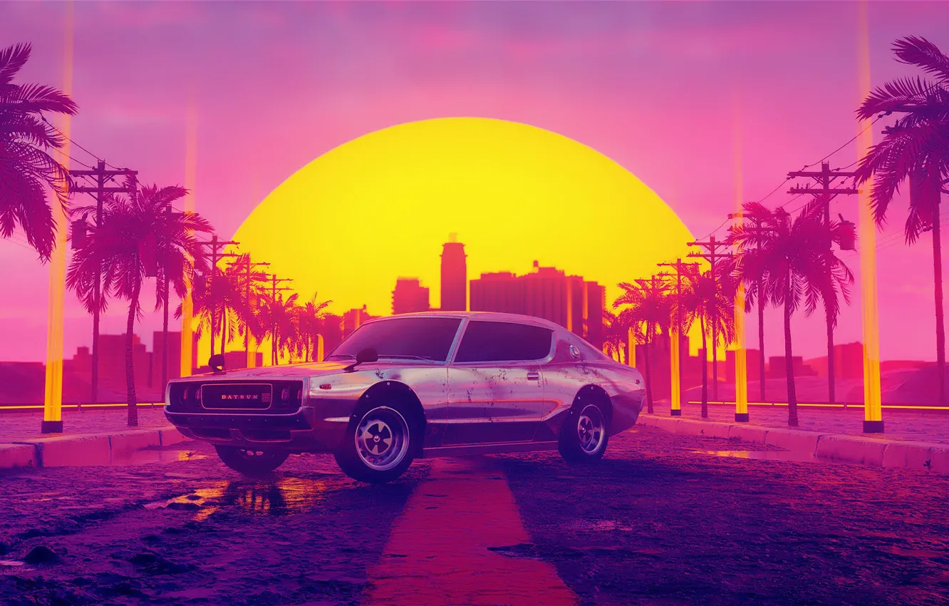 Photo wallpaper car, machine, auto, sunset, style, music, background, dawn