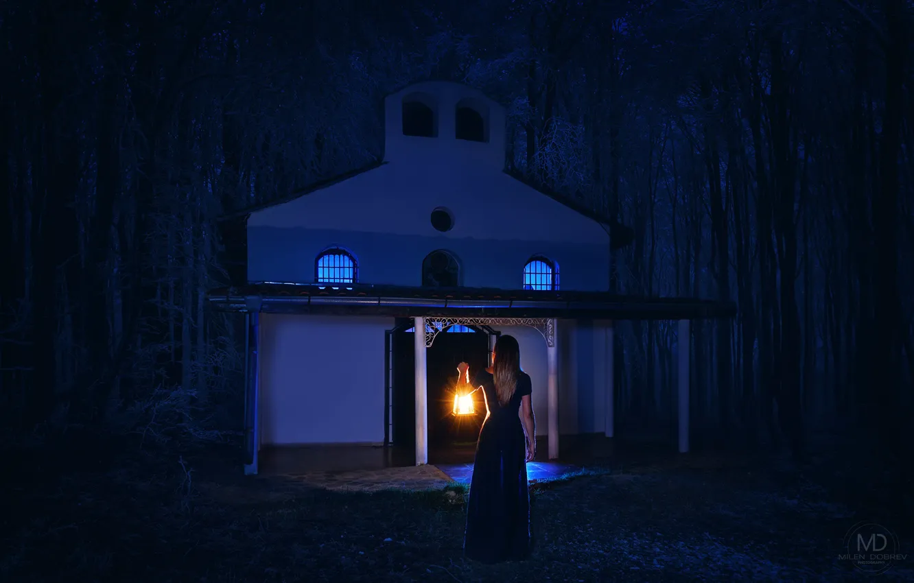 Photo wallpaper forest, girl, night, lantern, chapel, Milen Dobrev