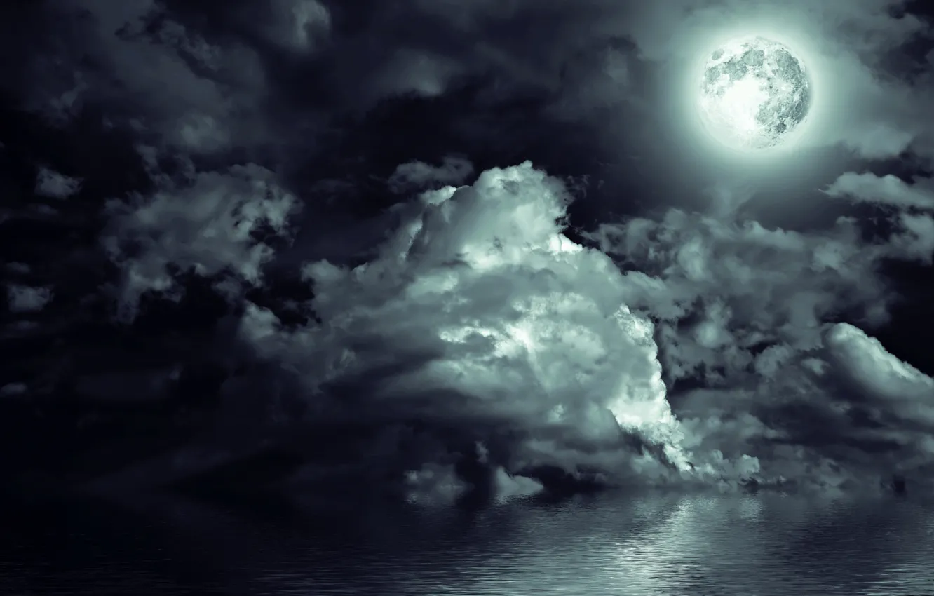 Photo wallpaper sea, the sky, clouds, light, landscape, night, the moon