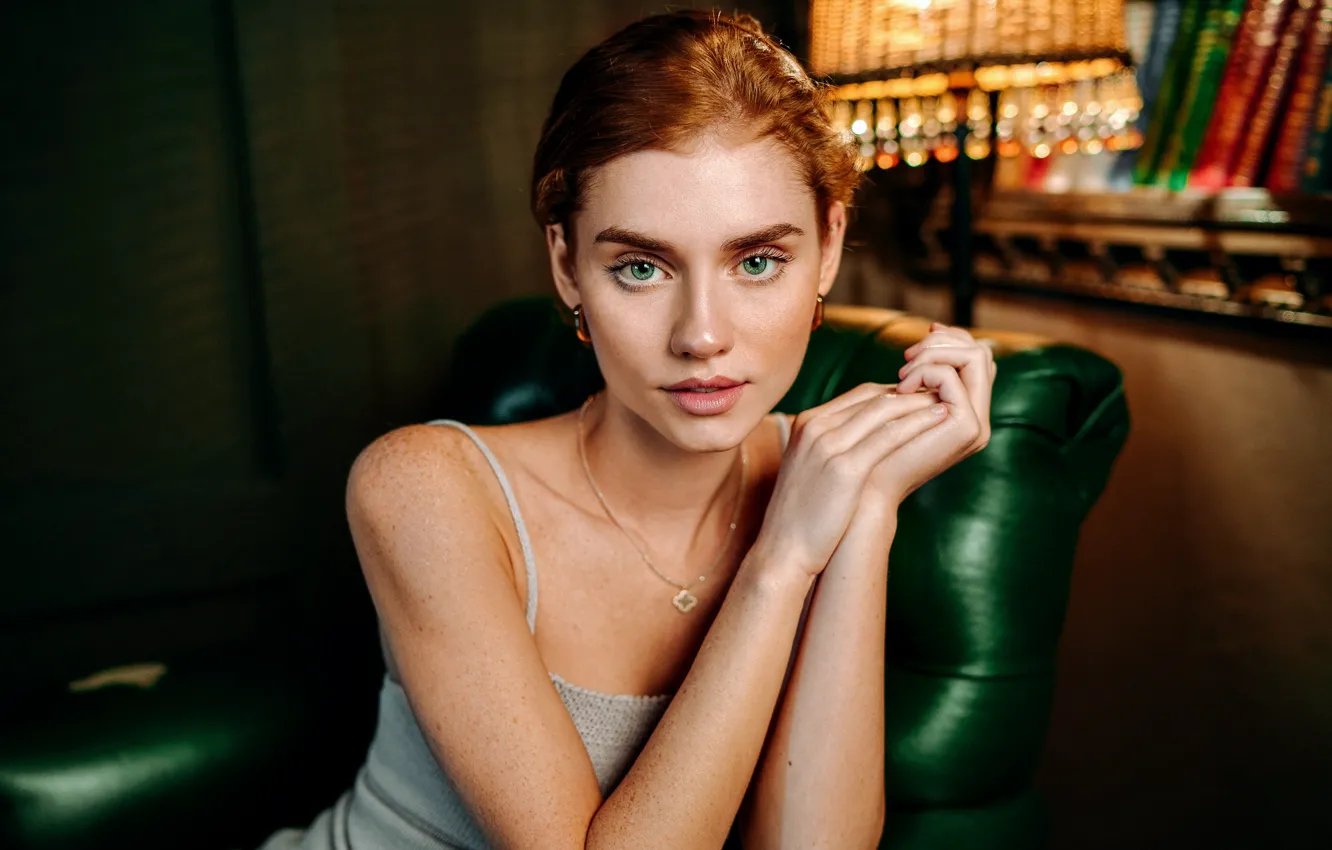 Photo wallpaper look, girl, face, pose, portrait, hands, red, redhead