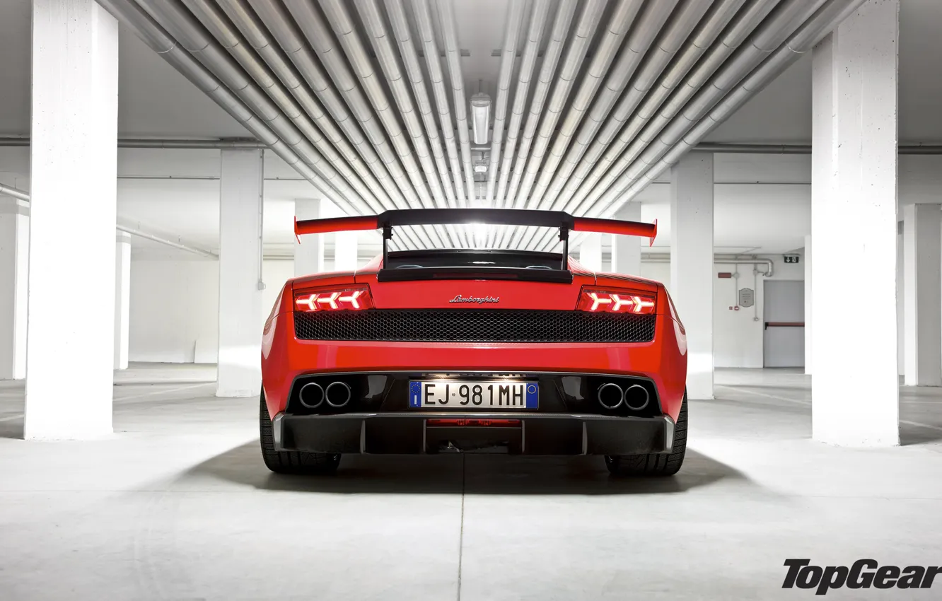Photo wallpaper red, pipe, Lamborghini, lights, columns, supercar, spoiler, Gallardo