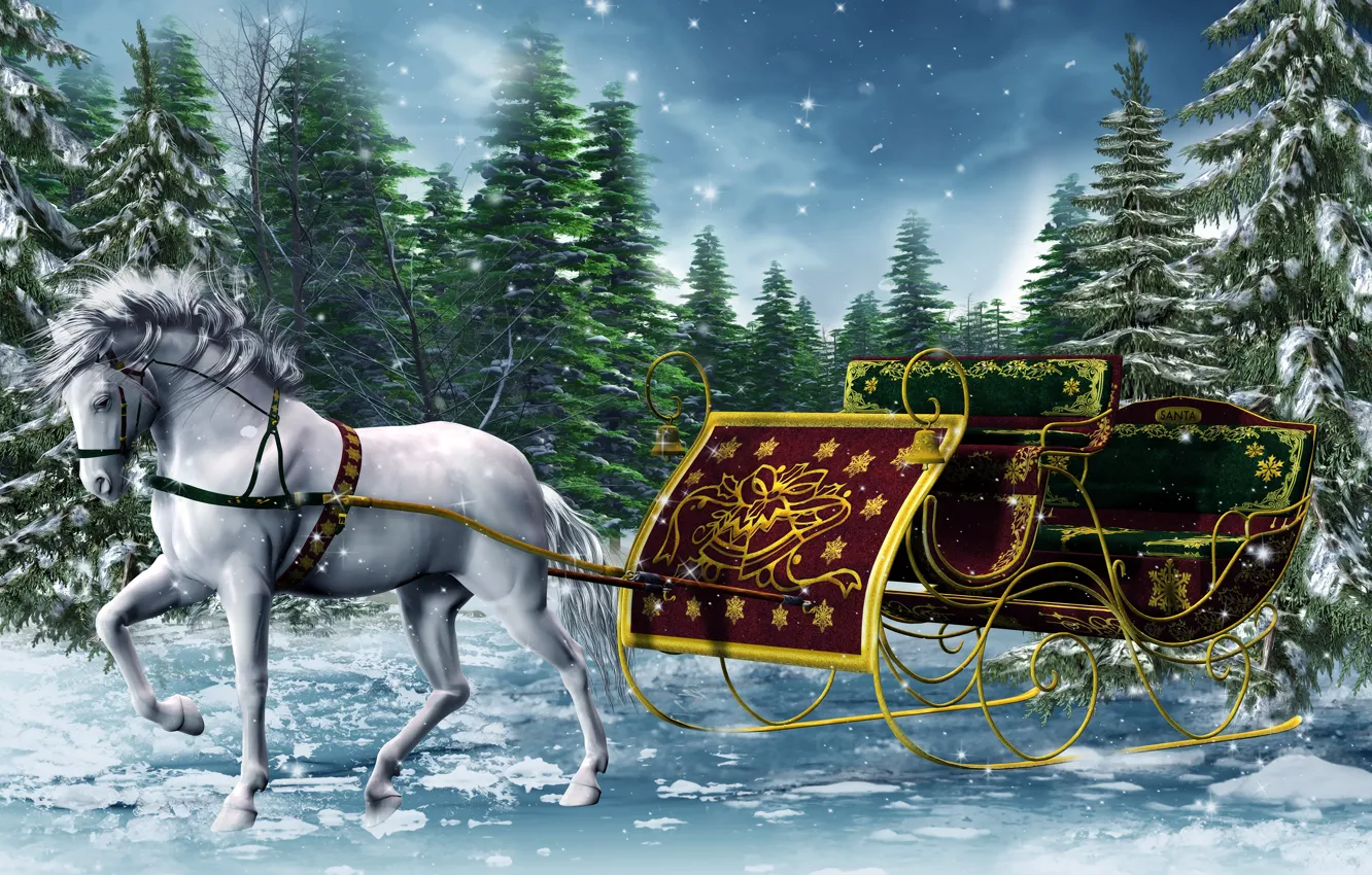 Photo wallpaper winter, horse, graphics, new year, ate, sleigh