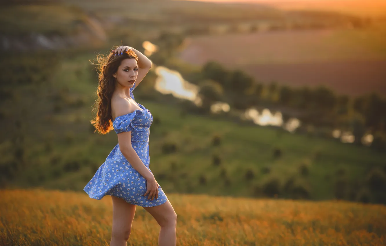 Photo wallpaper summer, look, girl, pose, hands, dress, long hair, nature