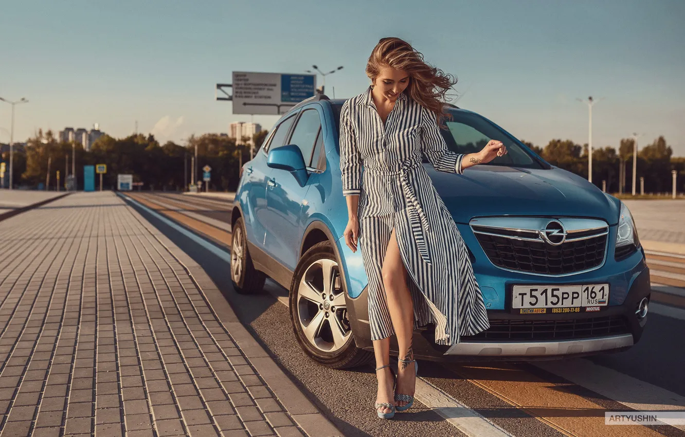 Photo wallpaper machine, auto, girl, pose, Opel, sundress, Anton Artyushin, Aliona Burlacu