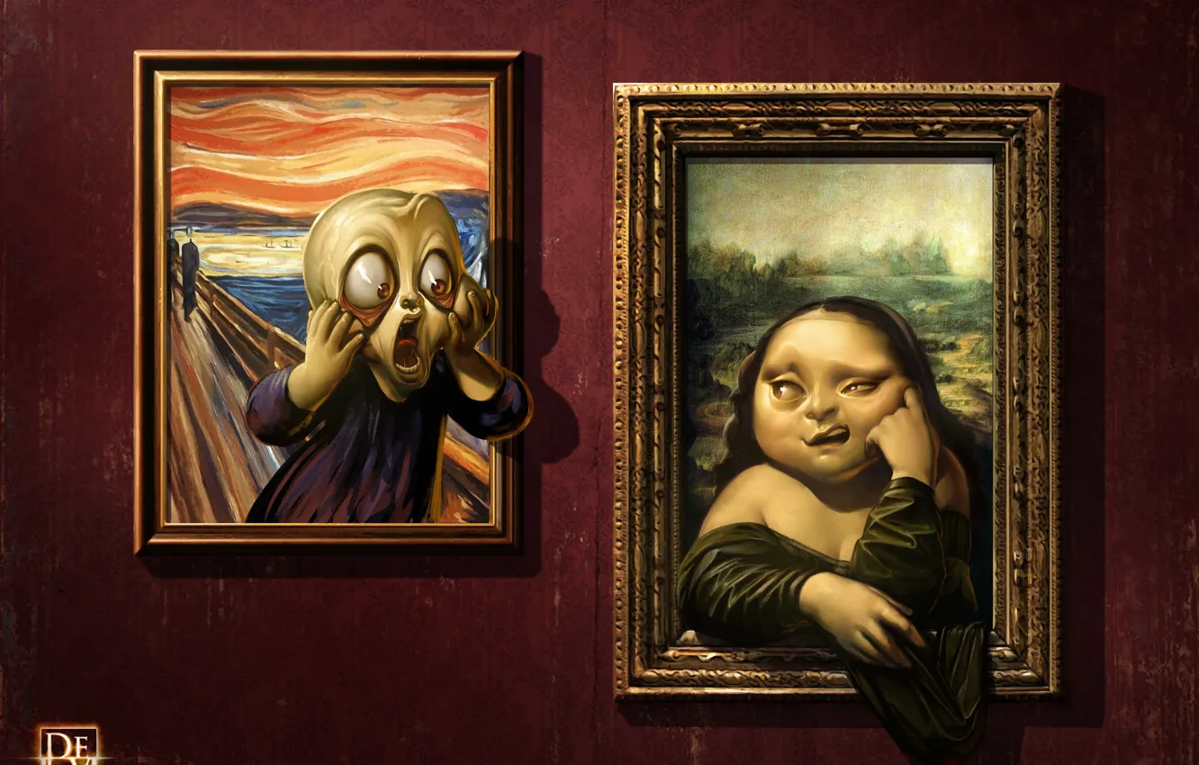 Photo wallpaper humor, art, gallery, pictures, faces, Antonio De Luca, Mona Lisa, The Scream