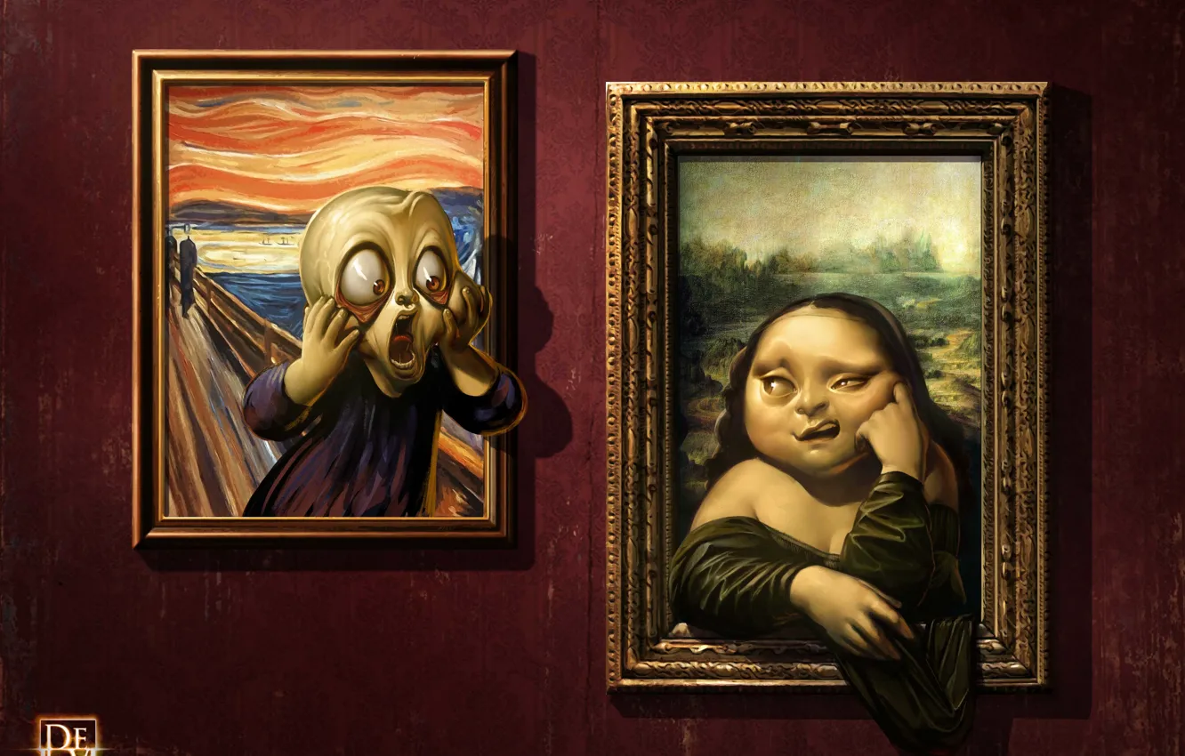 Photo wallpaper humor, picture, art, gallery, faces, Antonio De Luca, Mona Lisa, The Scream