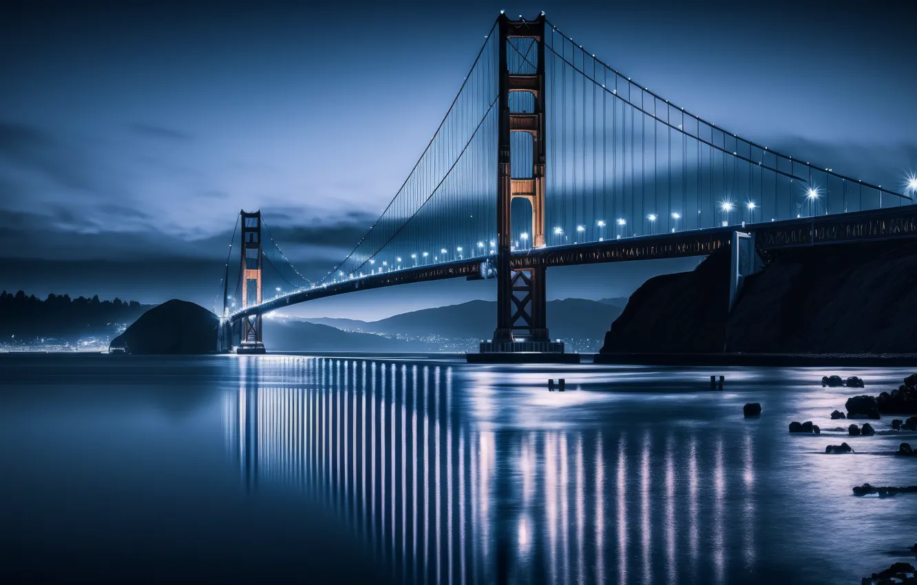 Photo wallpaper Golden Gate Bridge, water, art, Blue hour