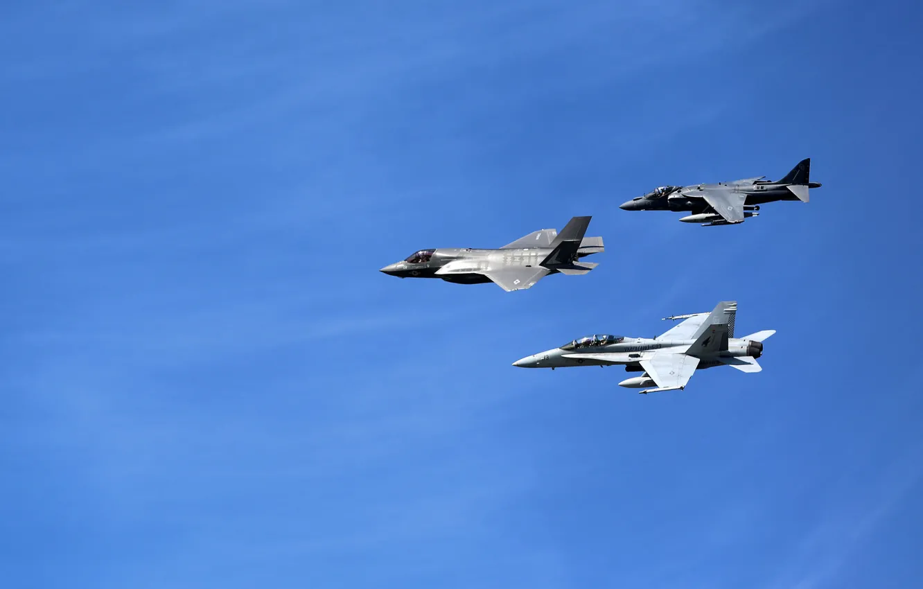 Photo wallpaper flight, fighters, Hornet, F-35B, Lockheed Martin, Harrier II, FA-18, AV-8