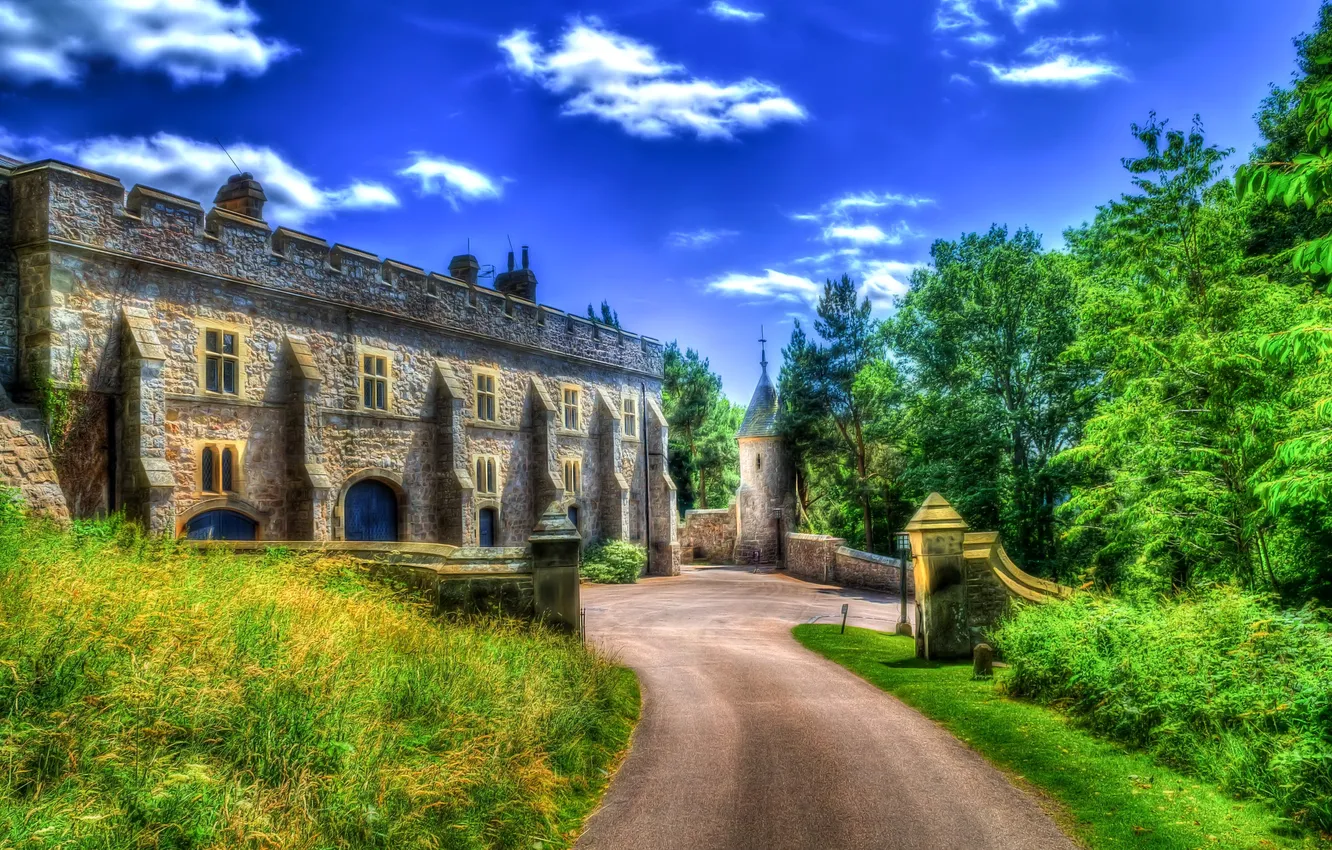 Photo wallpaper road, grass, trees, castle, treatment, UK, Chirk Castle