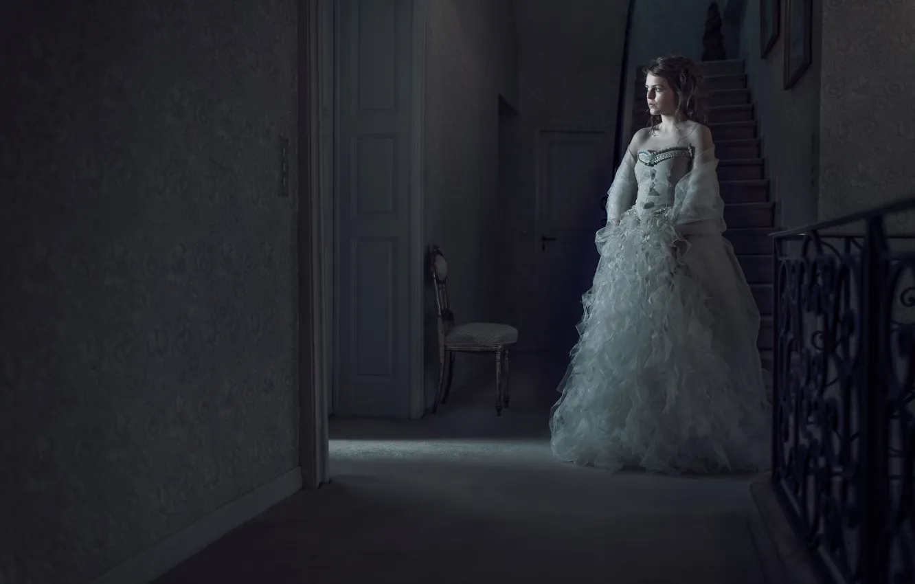 Photo wallpaper wallpaper, vintage, background, chair, stairs, railing, wedding dress