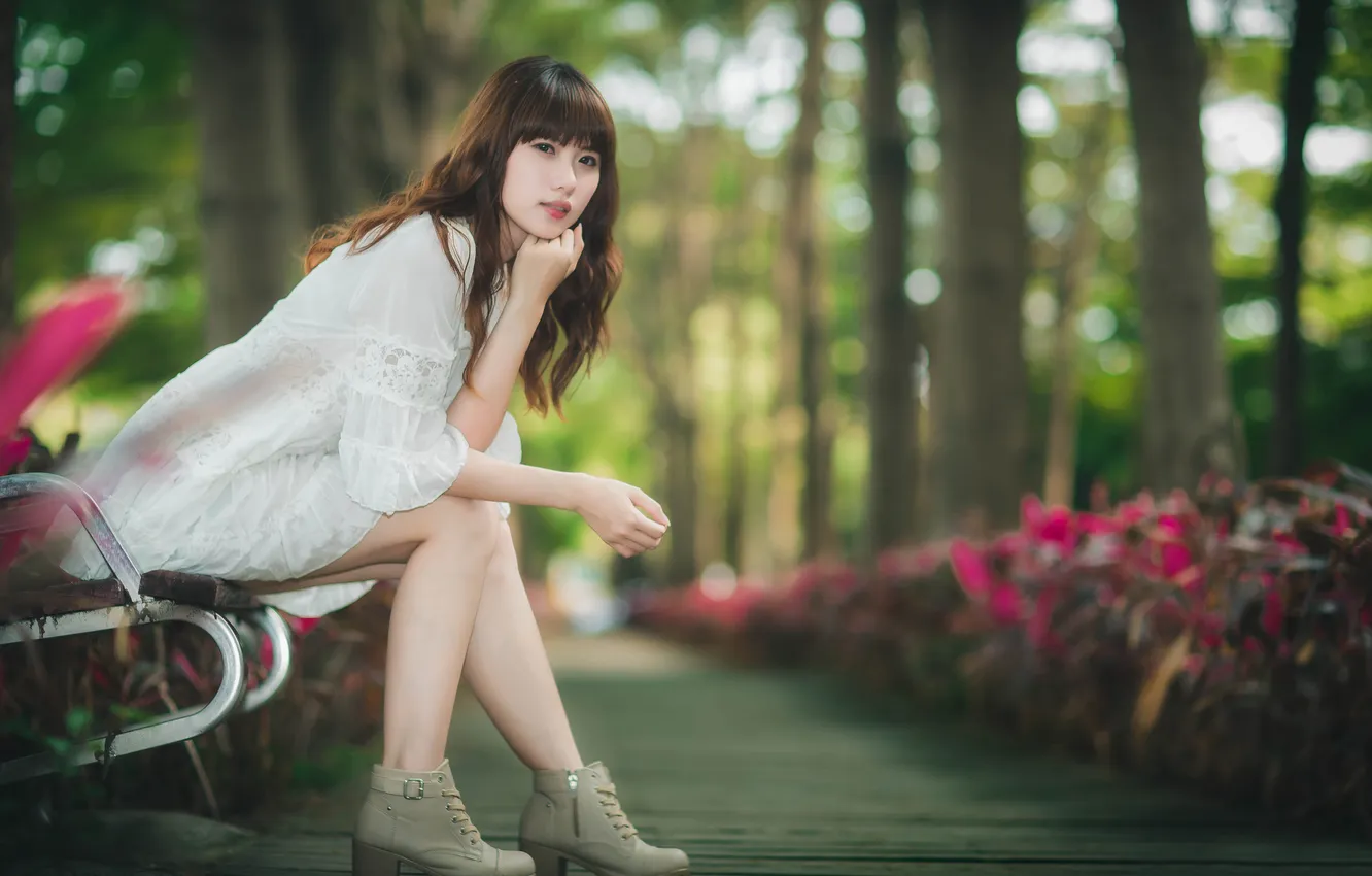 Photo wallpaper look, dress, bench, East