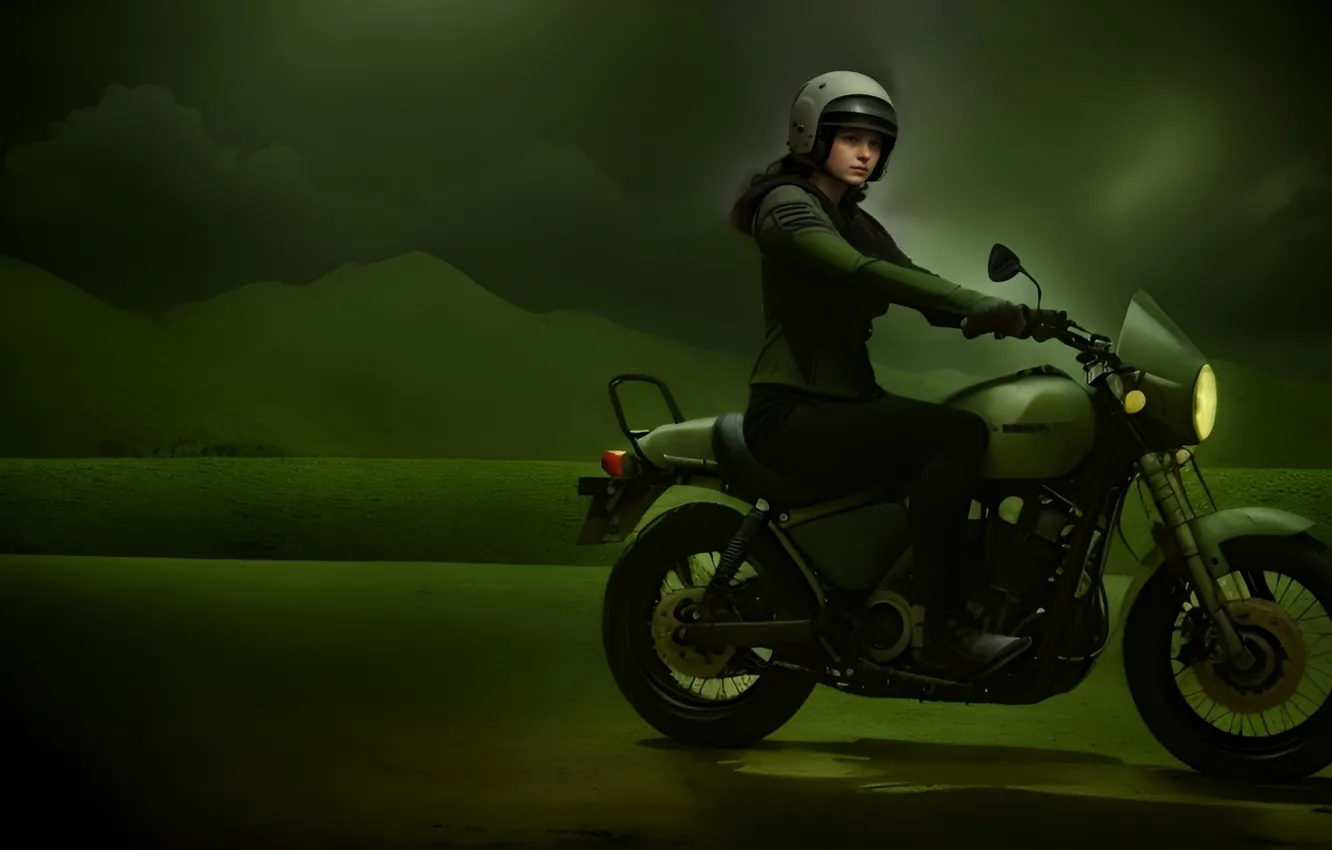 Photo wallpaper green, girl, bike, beautiful, riding