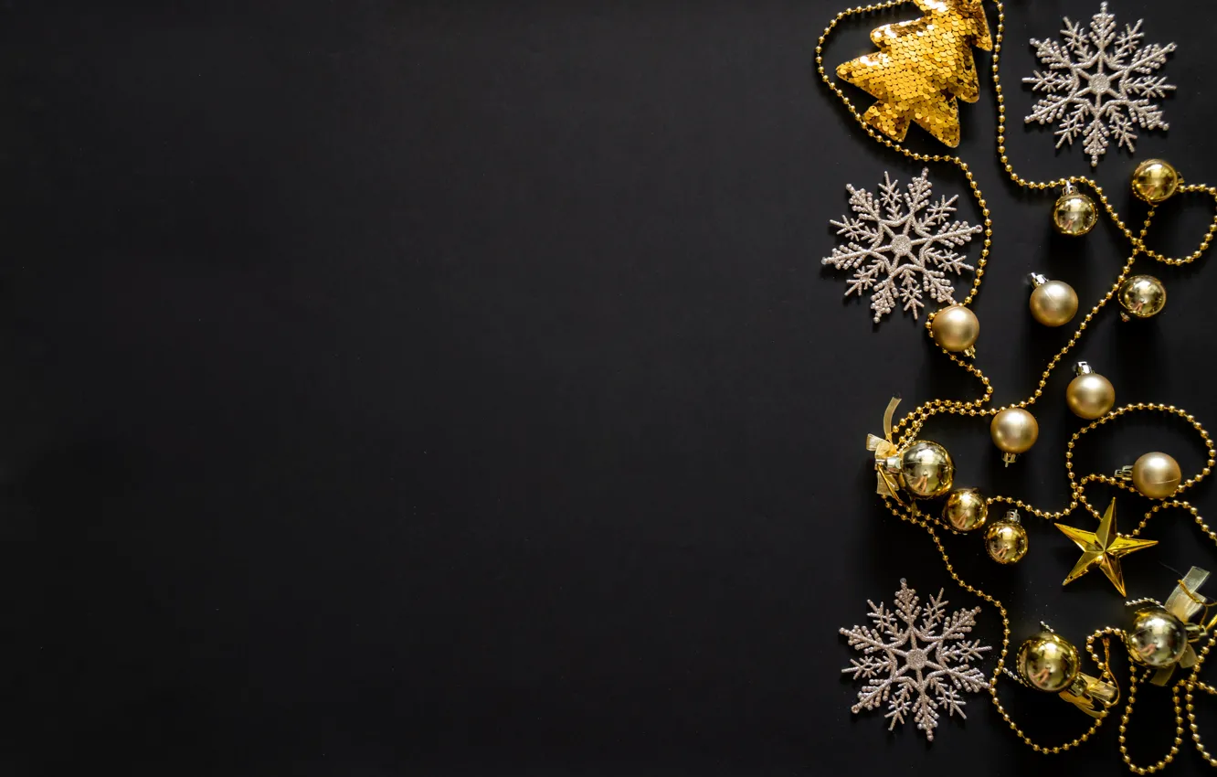Photo wallpaper snowflakes, background, black, toys, new year, gold, decor