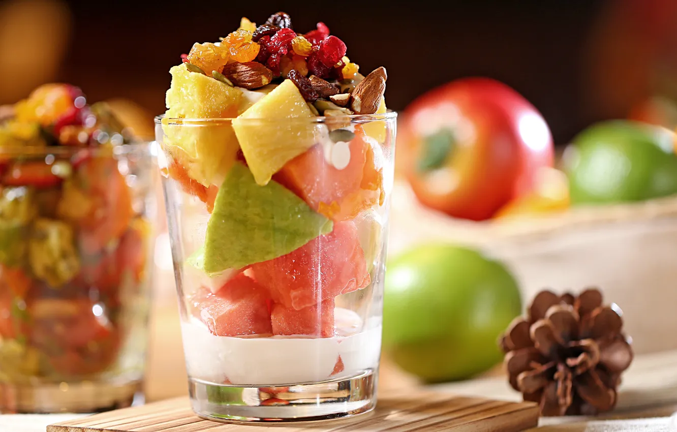 Photo wallpaper berries, glasses, fruit, nuts, dessert, salad, dried fruits