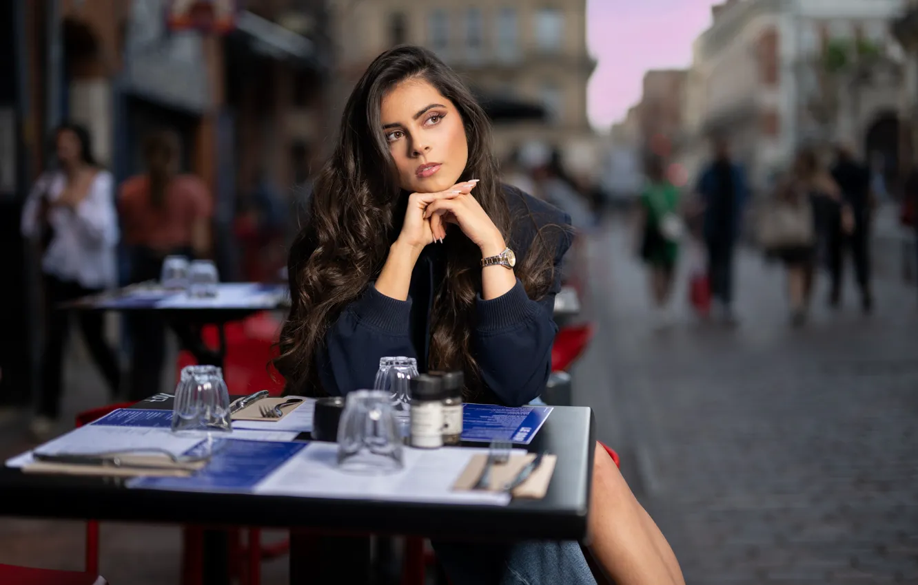 Photo wallpaper girl, the city, pose, brunette, long hair, street cafe, Estelle