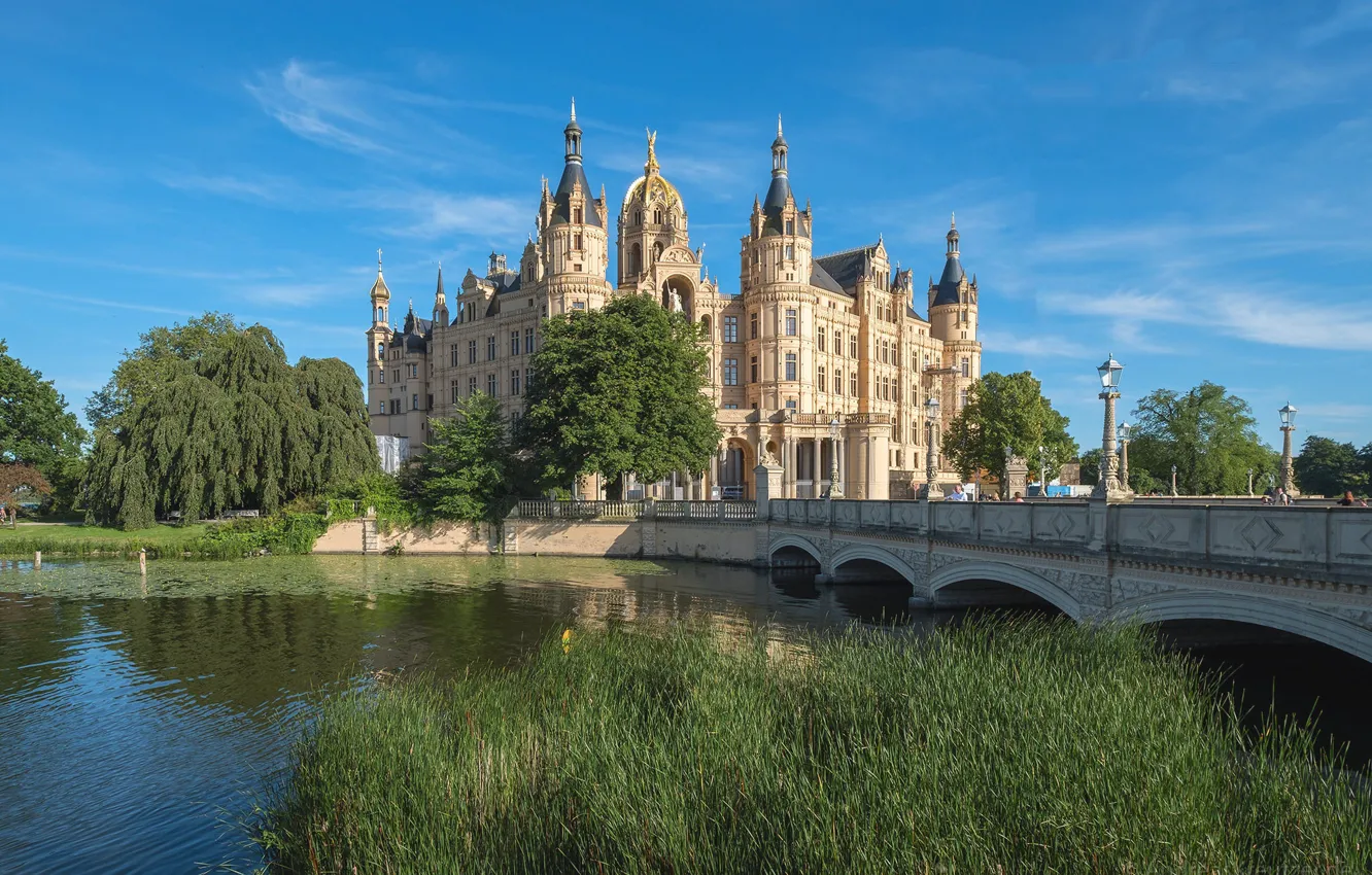 Photo wallpaper bridge, Schwerin Castle, Germany, castle, Schwerin, river