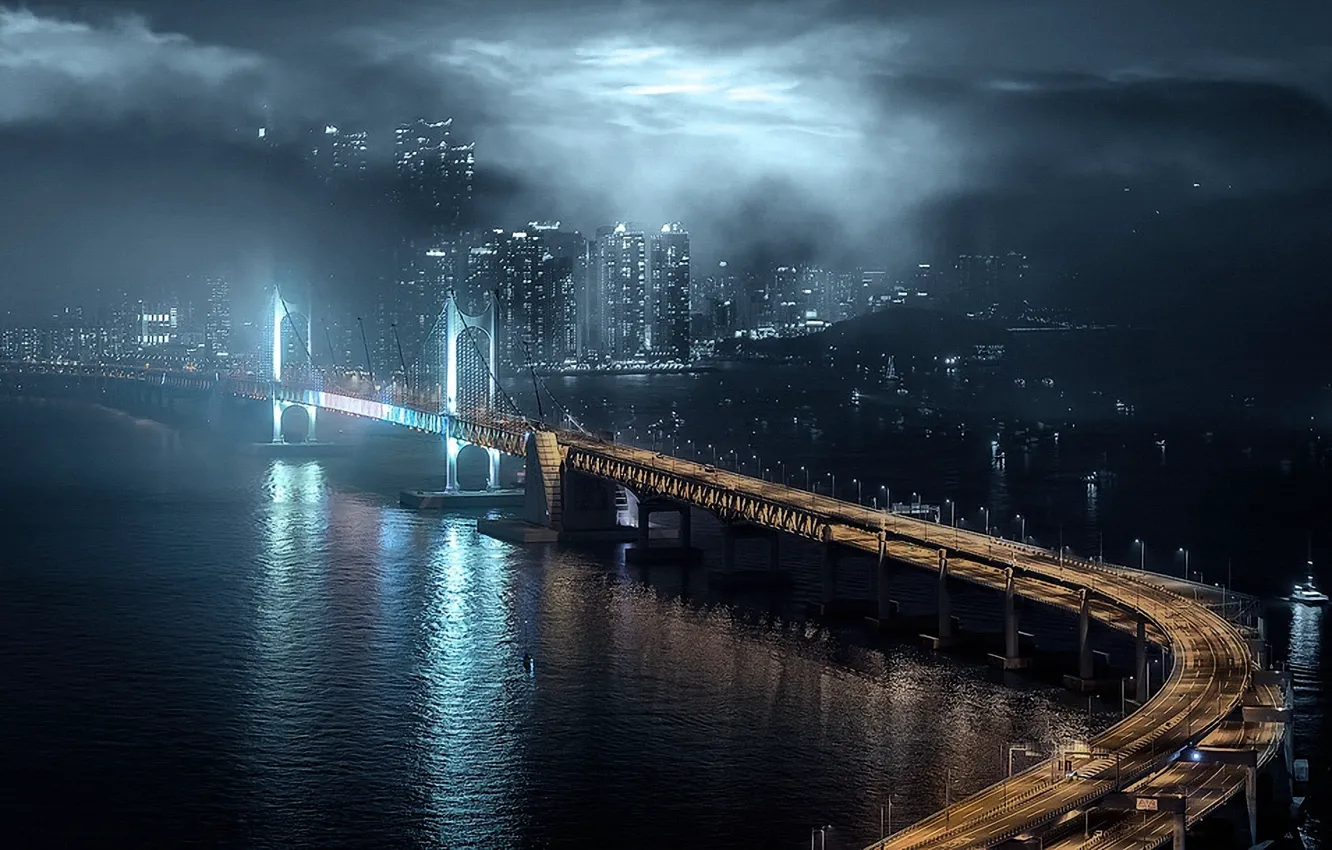 Photo wallpaper bridge, fog, skyscrapers, art, Korea, Gotham, Busan
