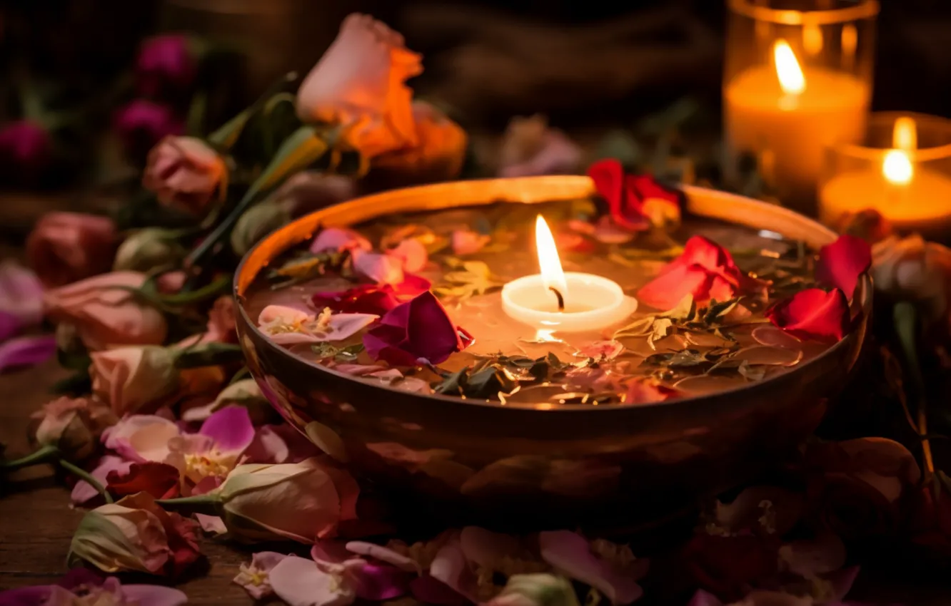 Photo wallpaper light, flowers, comfort, roses, candles, petals, AI art, neural network