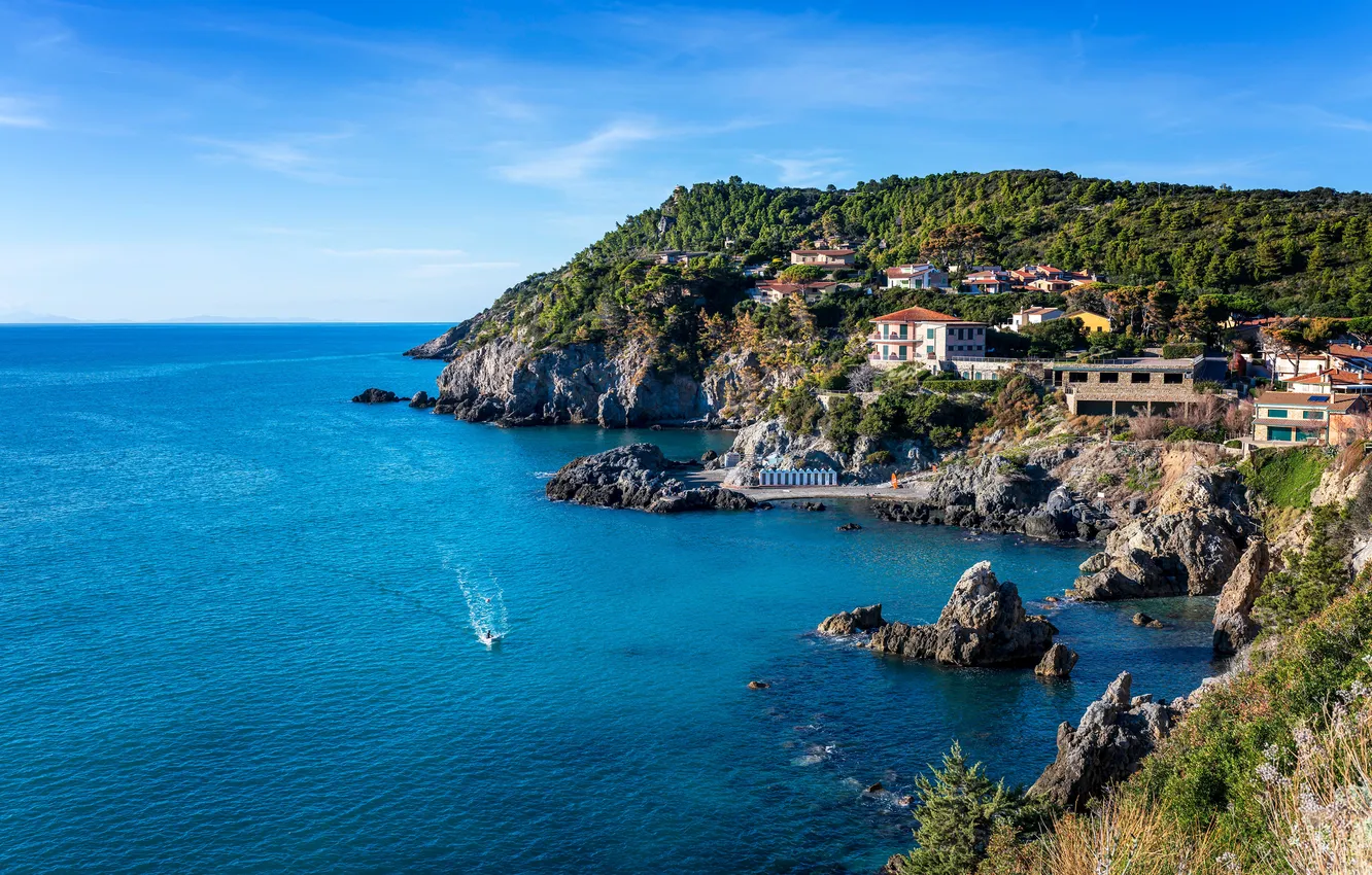 Photo wallpaper sea, mountains, home, Italy, Talamone