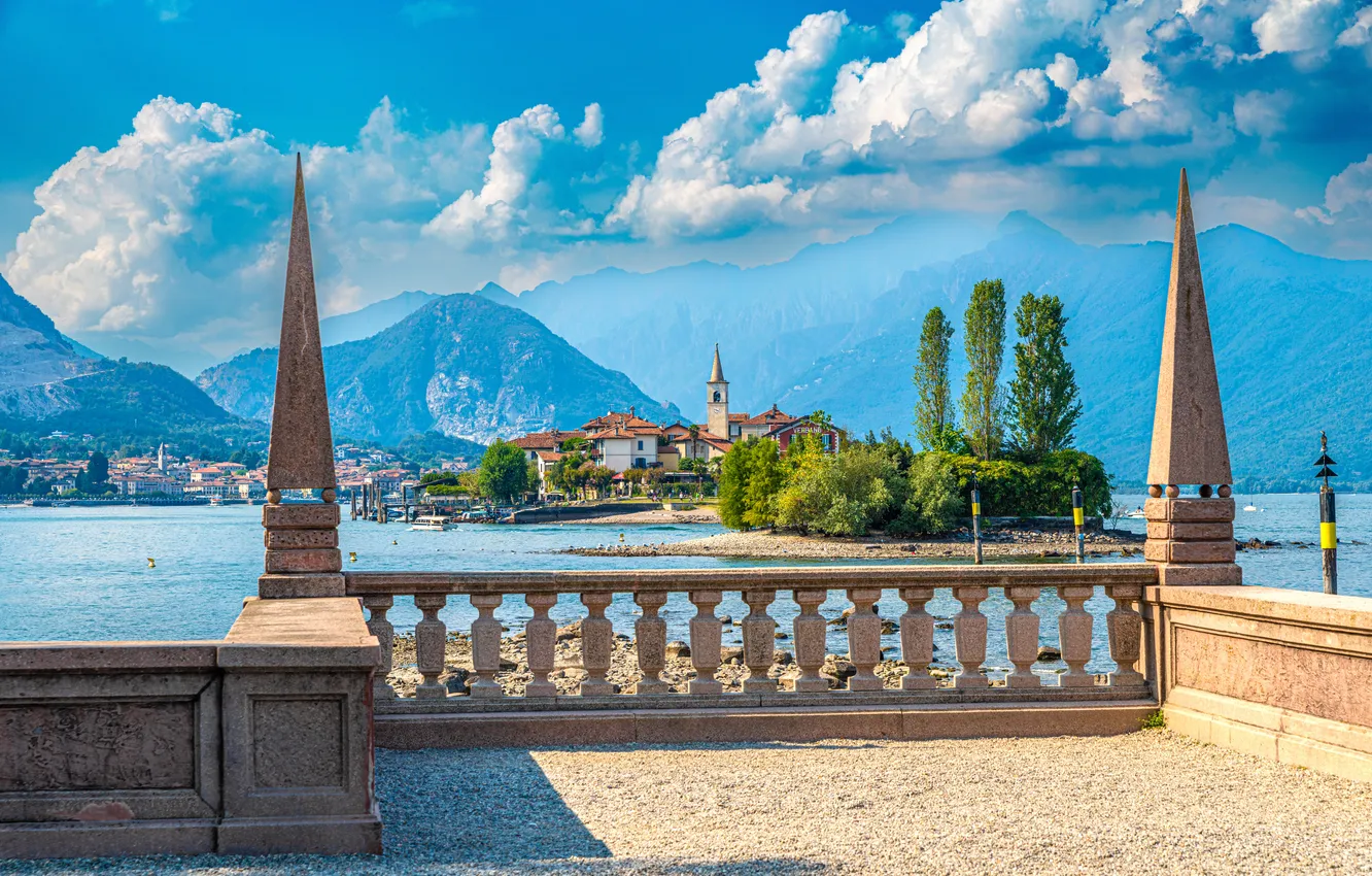 Photo wallpaper clouds, mountains, lake, Italy, Lake Maggiore, Quay Conti