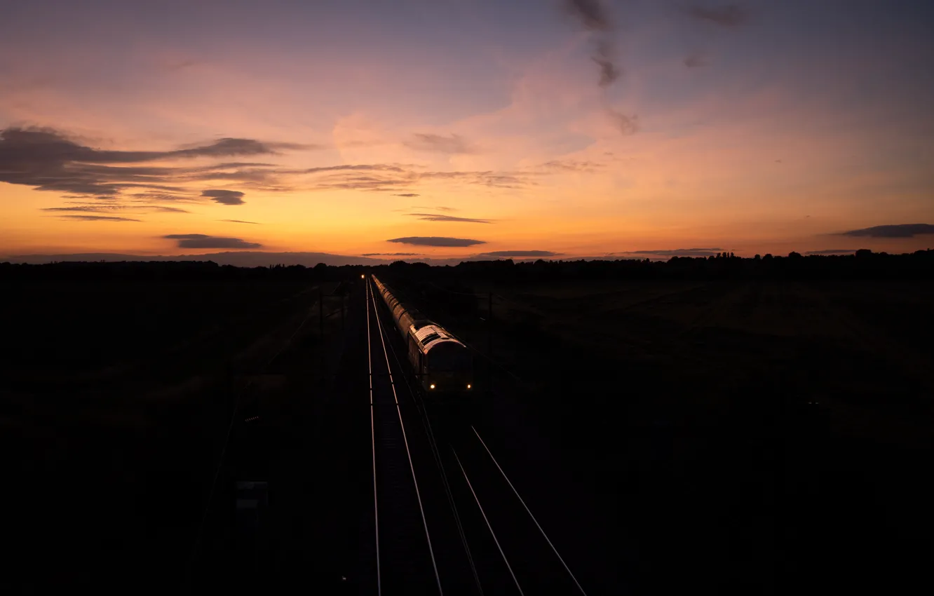 Photo wallpaper sunset, night, train, railroad