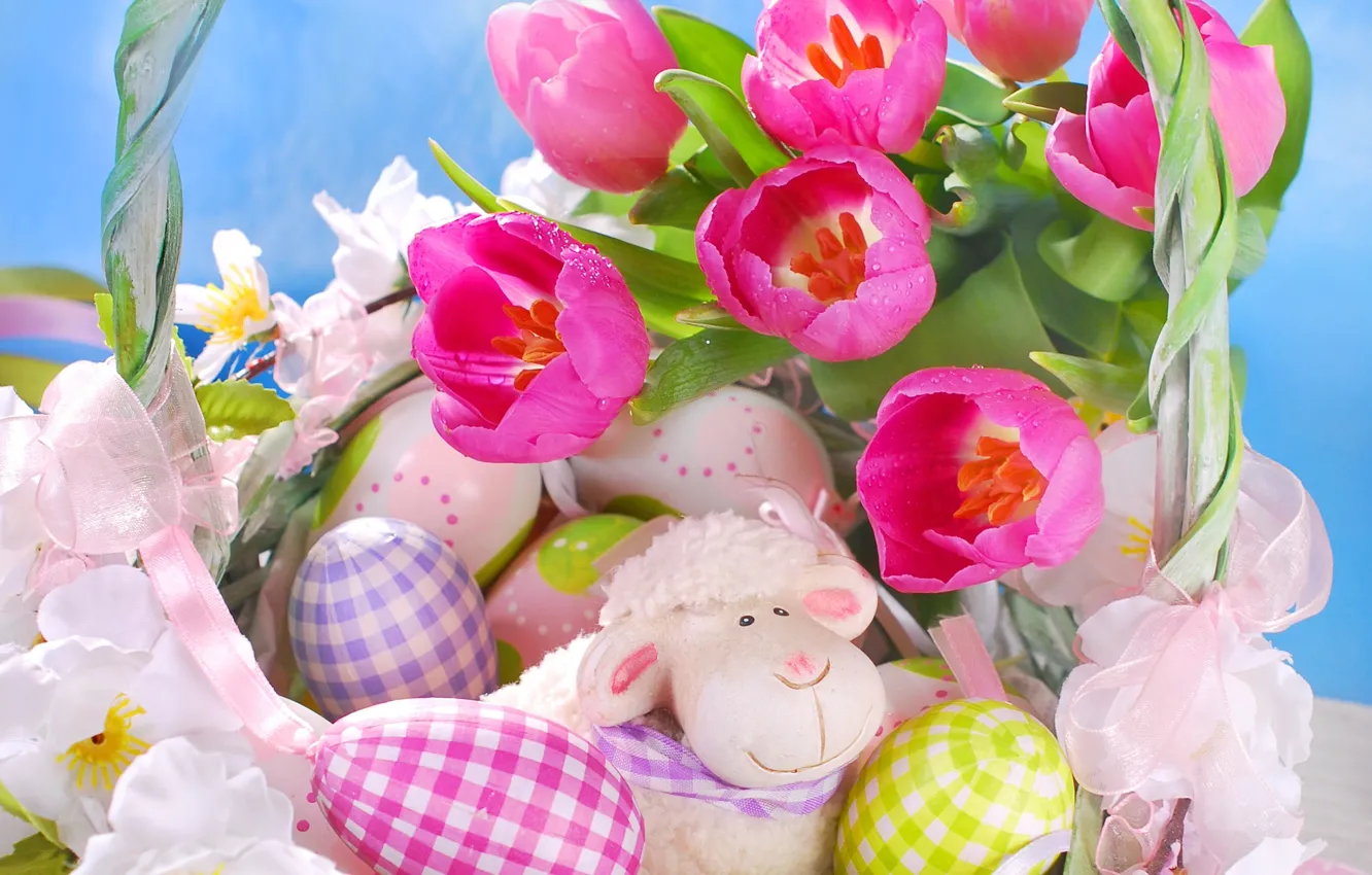 Photo wallpaper flowers, eggs, tulips, Easter eggs, Easter