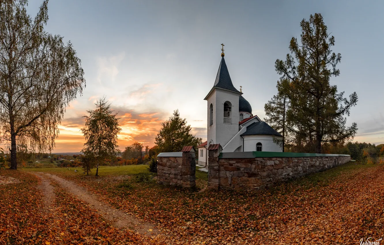 Photo wallpaper autumn, landscape, sunset, nature, village, Ilya Garbuzov, Behovo, Church of the Holy Trinity