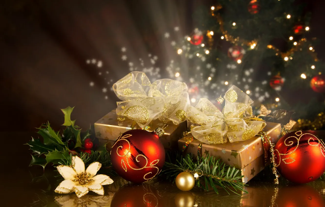 Photo wallpaper white, decoration, flowers, red, holiday, gift, balls, tree