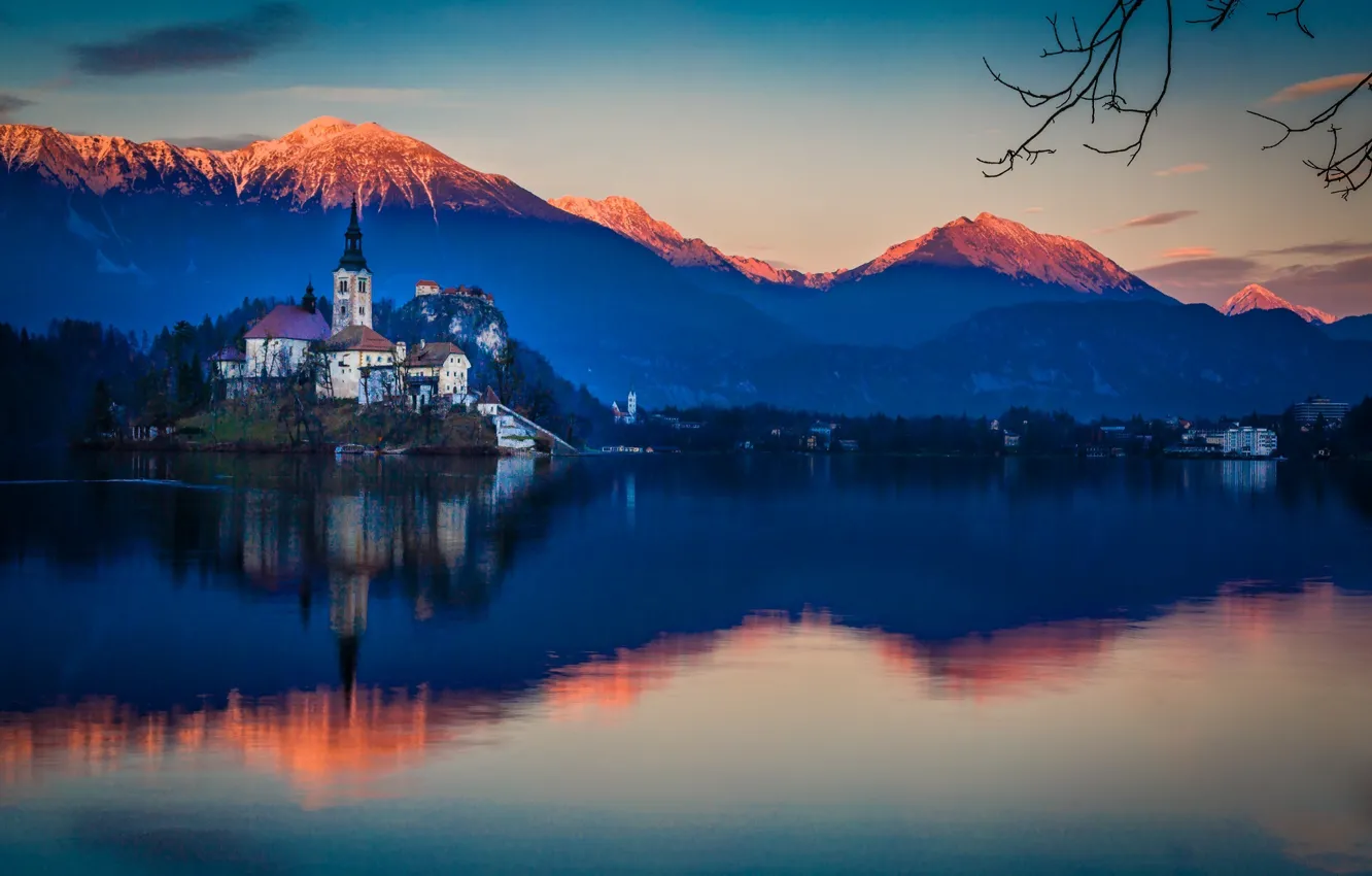 Photo wallpaper water, snow, sunset, mountains, reflection, tops, tale, town