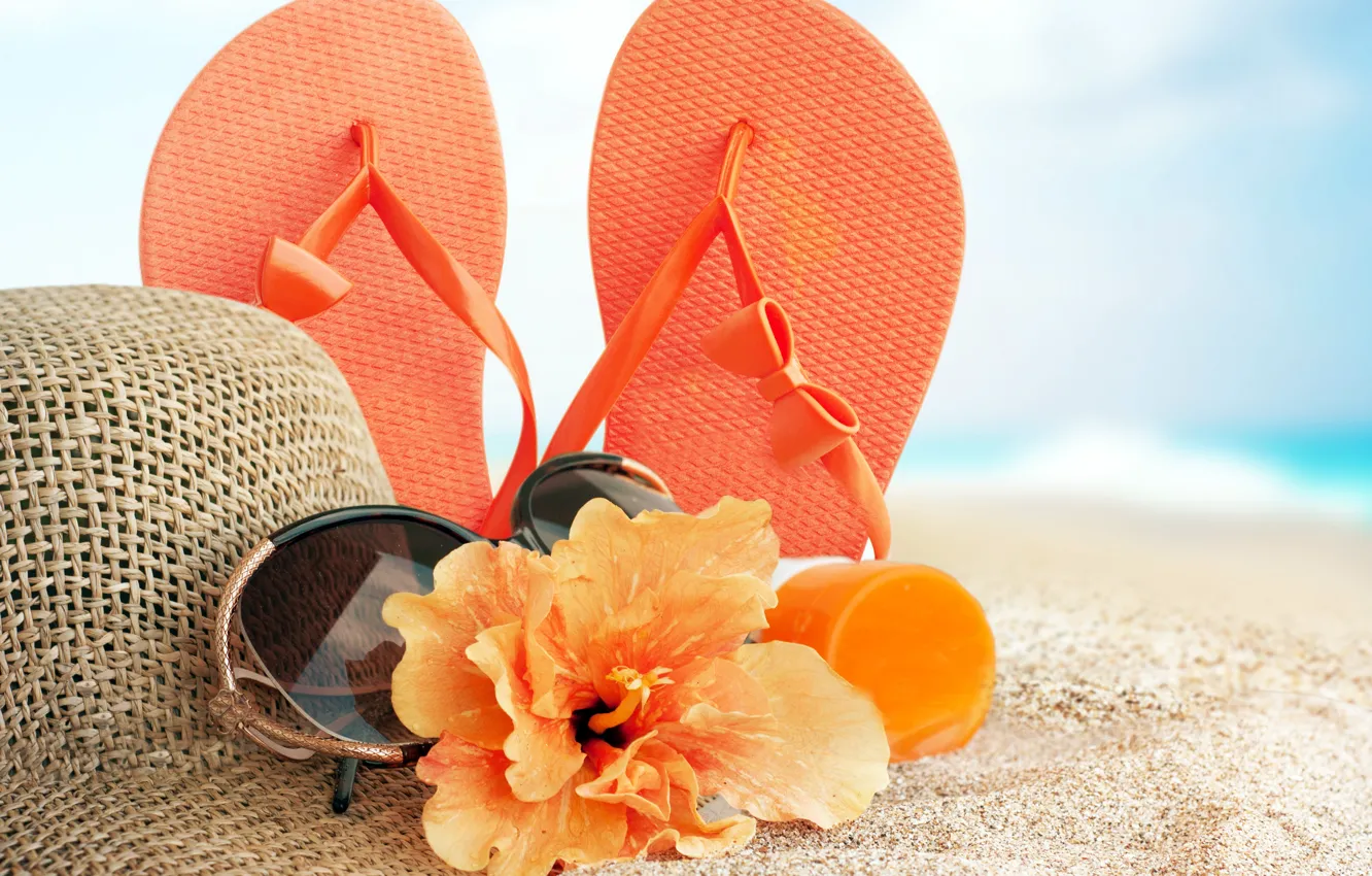 Photo wallpaper sand, sea, beach, summer, stay, hat, glasses, summer