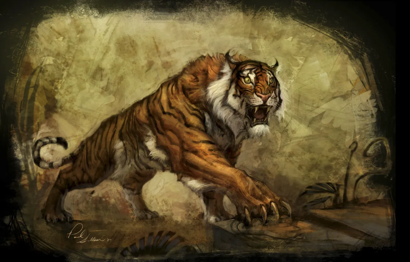 Photo wallpaper tiger, the world, plant, art, the concept, claws, underworld, tiger