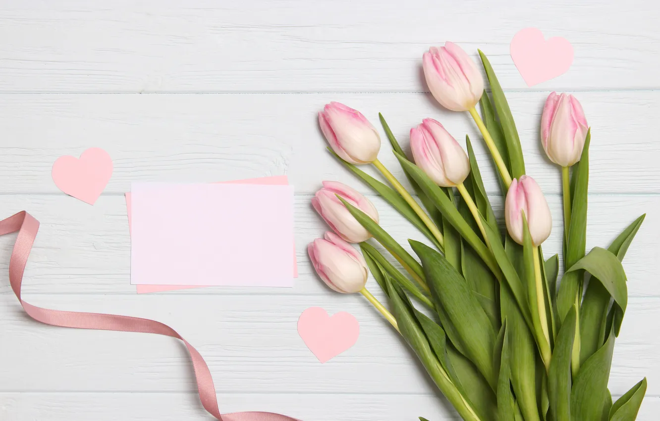 Photo wallpaper flowers, bouquet, tulips, love, pink, wood, pink, flowers