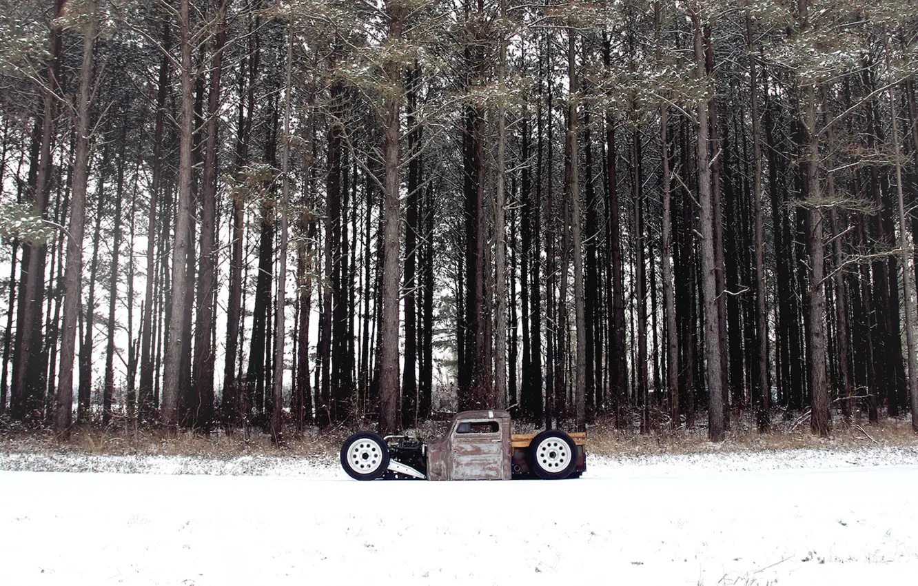 Photo wallpaper forest, snow, volkswagen, forest, Volkswagen, snow, rat, rod