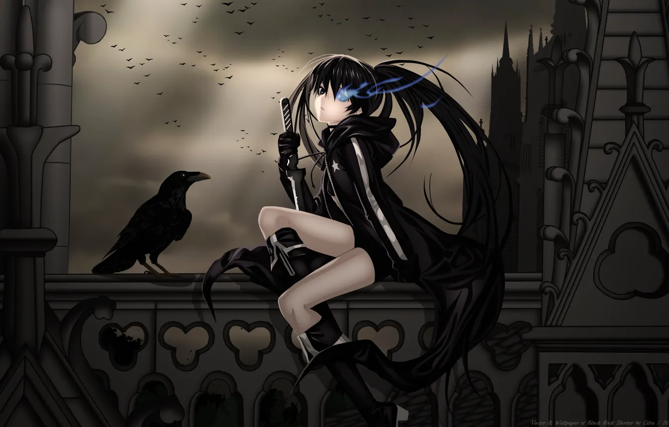 Photo wallpaper girl, night, clouds, castle, darkness, pack, anime, warrior