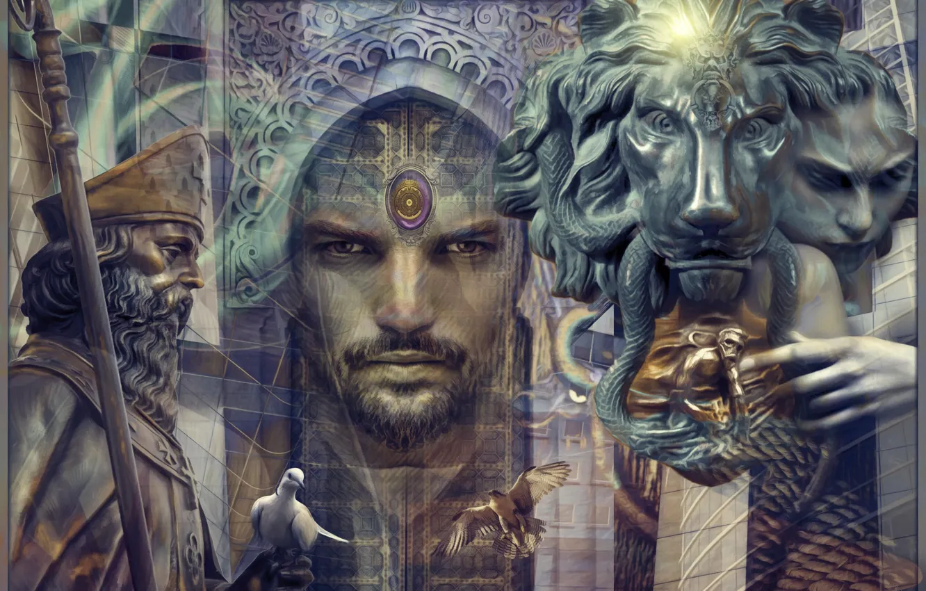 Photo wallpaper collage, Leo, art, pigeons, male, statue