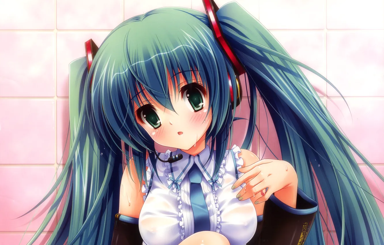 Photo wallpaper look, girl, surprise, vocaloid, hatsune miku, Vocaloid, art, embarrassment