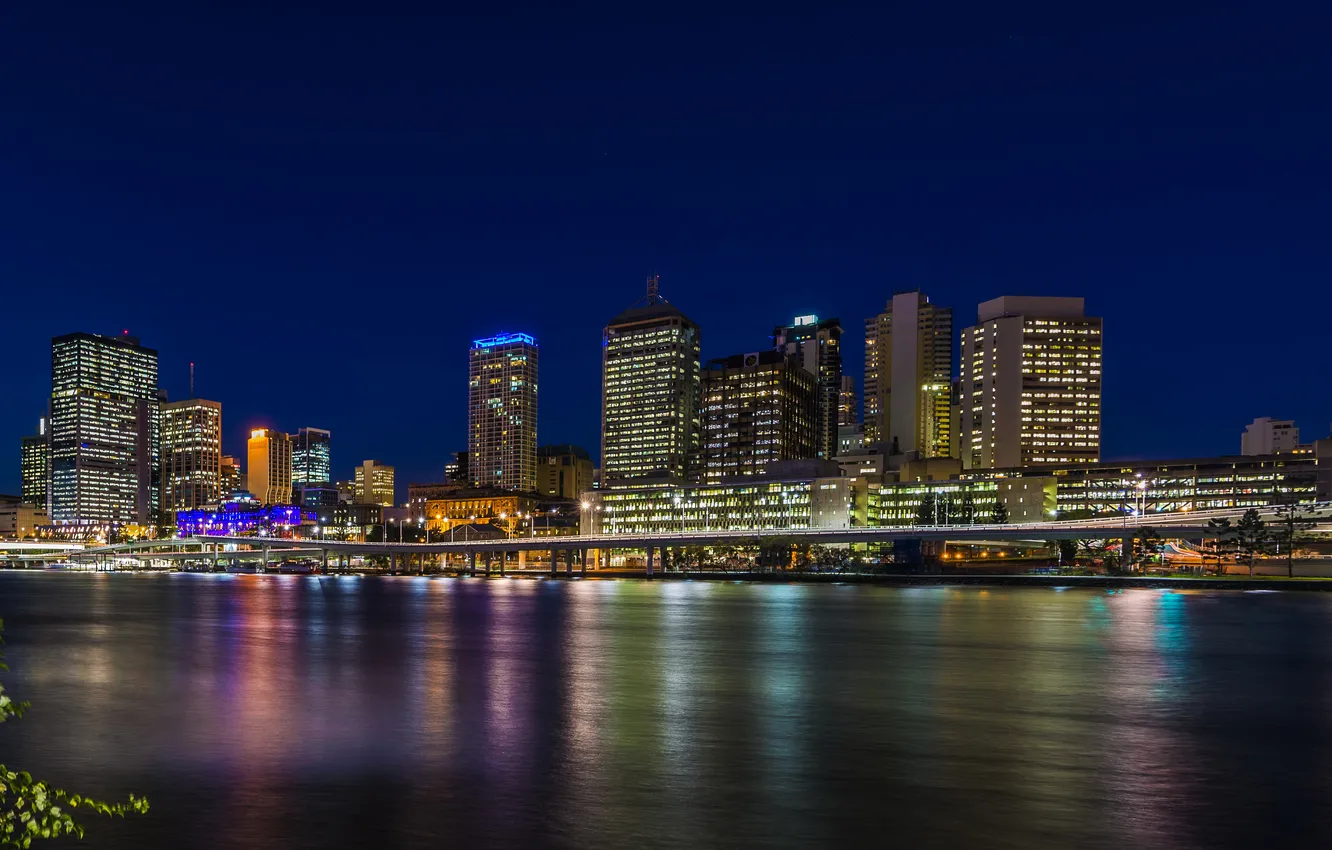 Photo wallpaper night, lights, river, home, Australia, promenade, Brisbane