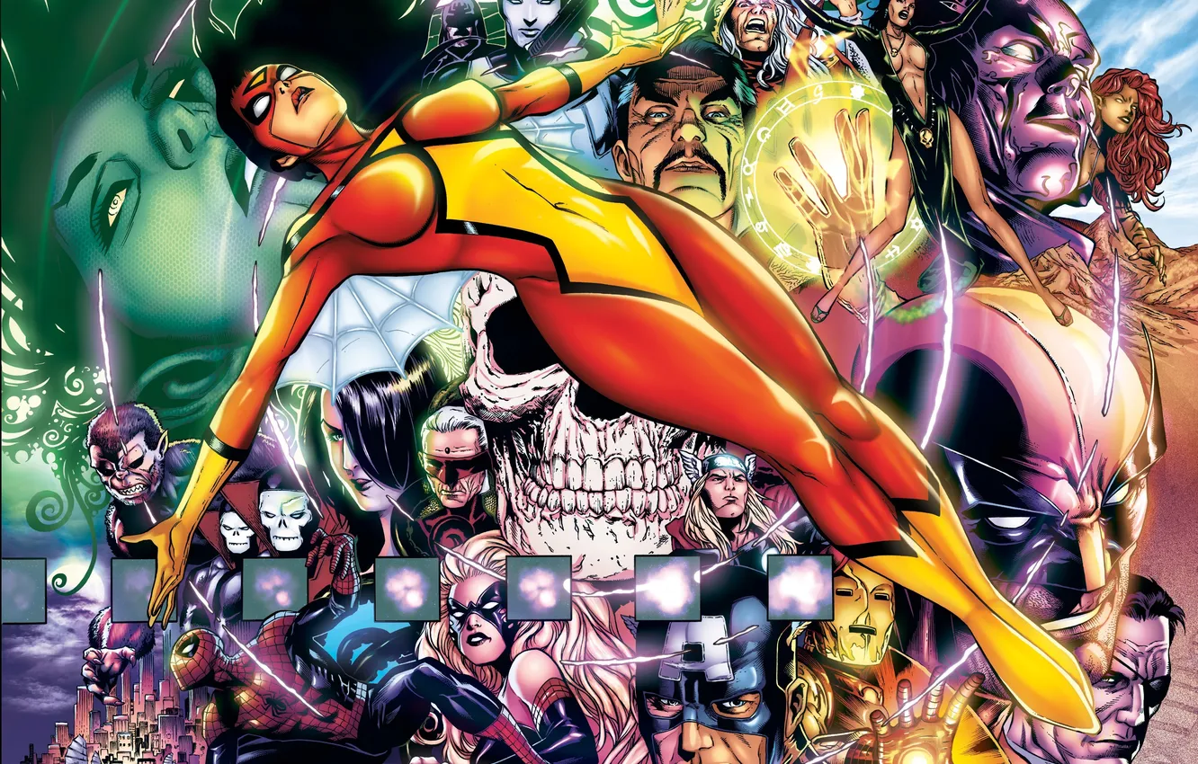 Photo wallpaper costume, iron man, characters, Captain America, spider-man, Thor, Spider Woman