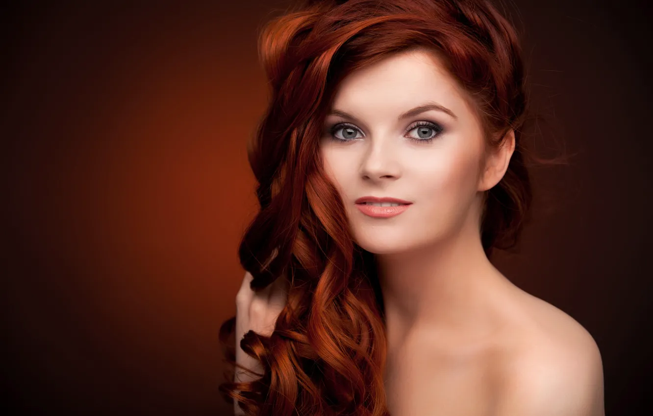 Photo wallpaper girl, hair, red, makeup. look. shoulders. background