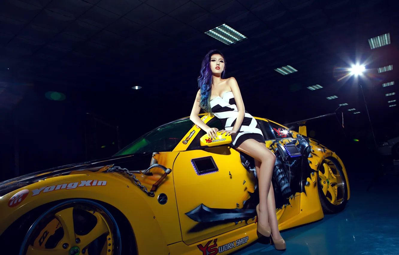 Photo wallpaper look, Girls, Nissan, Asian, beautiful girl, yellow car, posing on the car