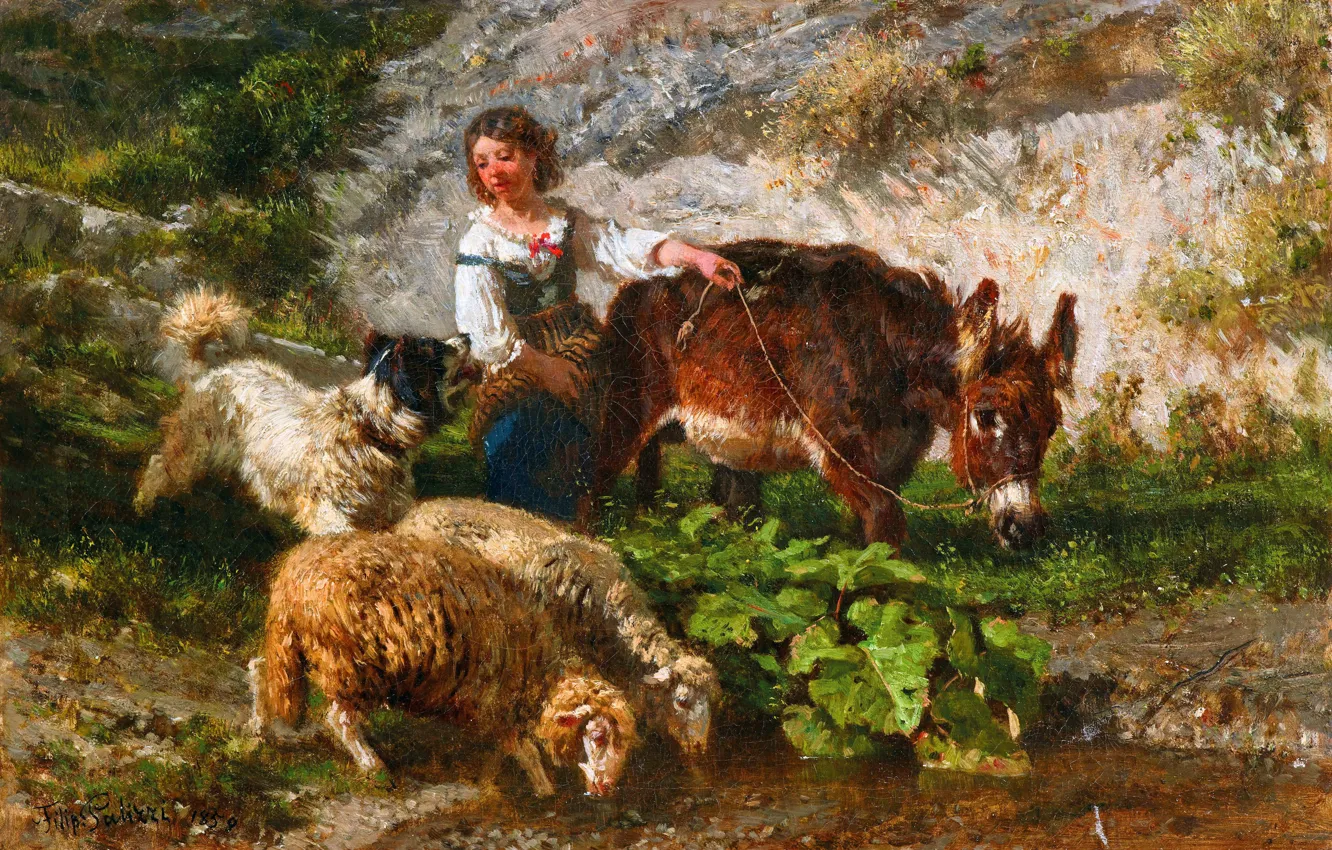 Photo wallpaper sheep, dog, picture, girl, donkeys, Italian artist, Filippo Palizzi, Filippo Palizzi