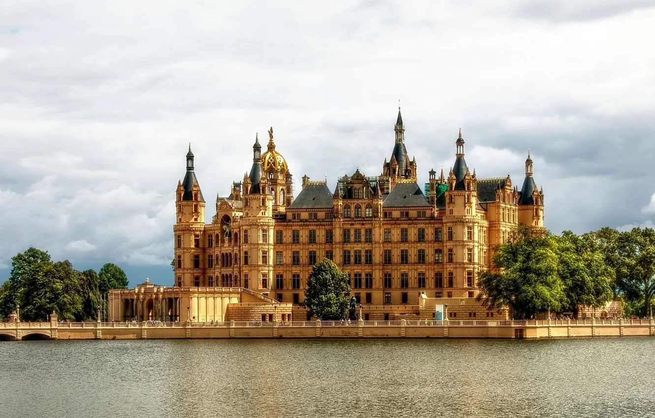 Photo wallpaper the sun, clouds, trees, landscape, river, castle, Germany, Schwerin Castle