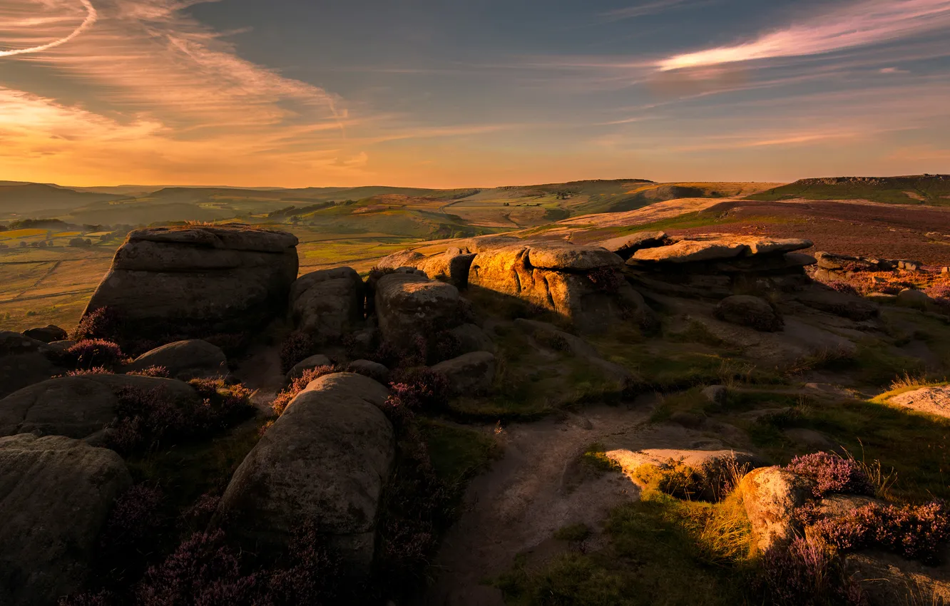Photo wallpaper field, the sky, clouds, light, sunset, flowers, stones, hills