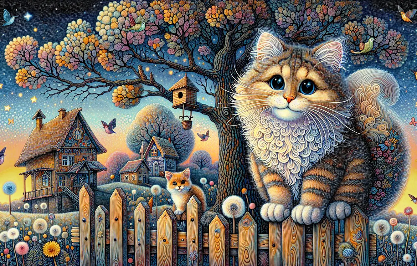 Photo wallpaper cat, cat, birds, night, branches, kitty, tree, curls
