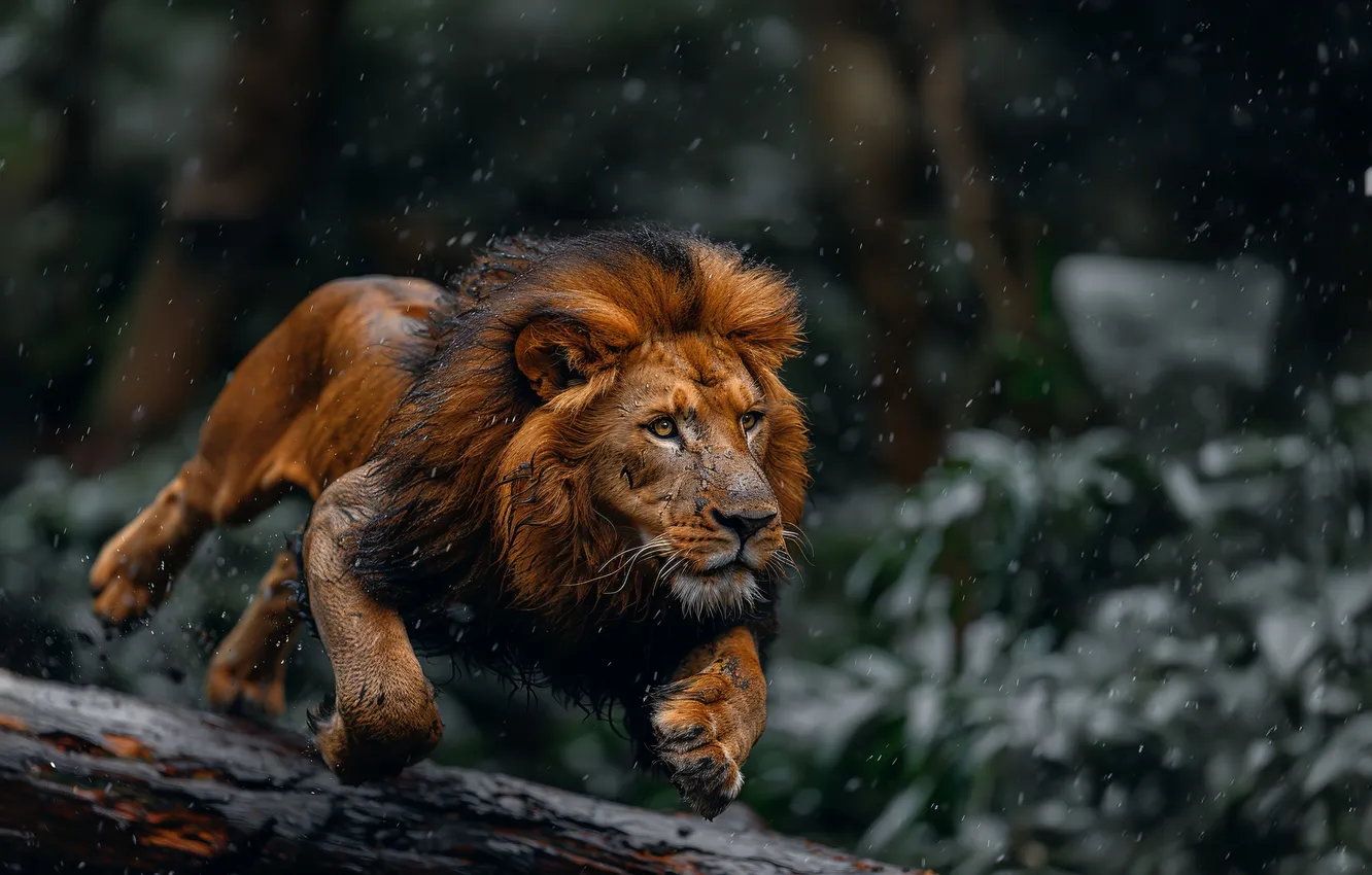 Photo wallpaper trees, jump, predator, Leo, big cat, digital art, AI art, The Art of Artificial Intelligence