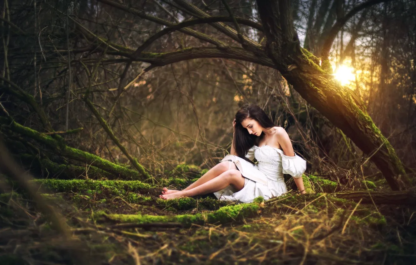 Photo wallpaper forest, girl, dress, legs, Marketa Novak